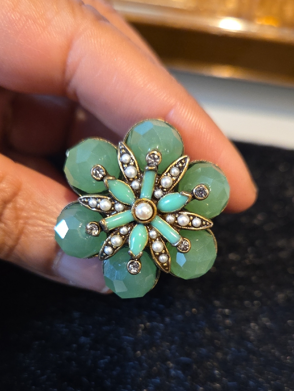 Green Floral Crystal & Pearl Brooch - Gold-Tone Accent